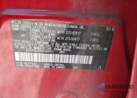 2015 Toyota Rav4 Le z USA, uszkodzony, nr VIN 2T3ZFREV5FW180451